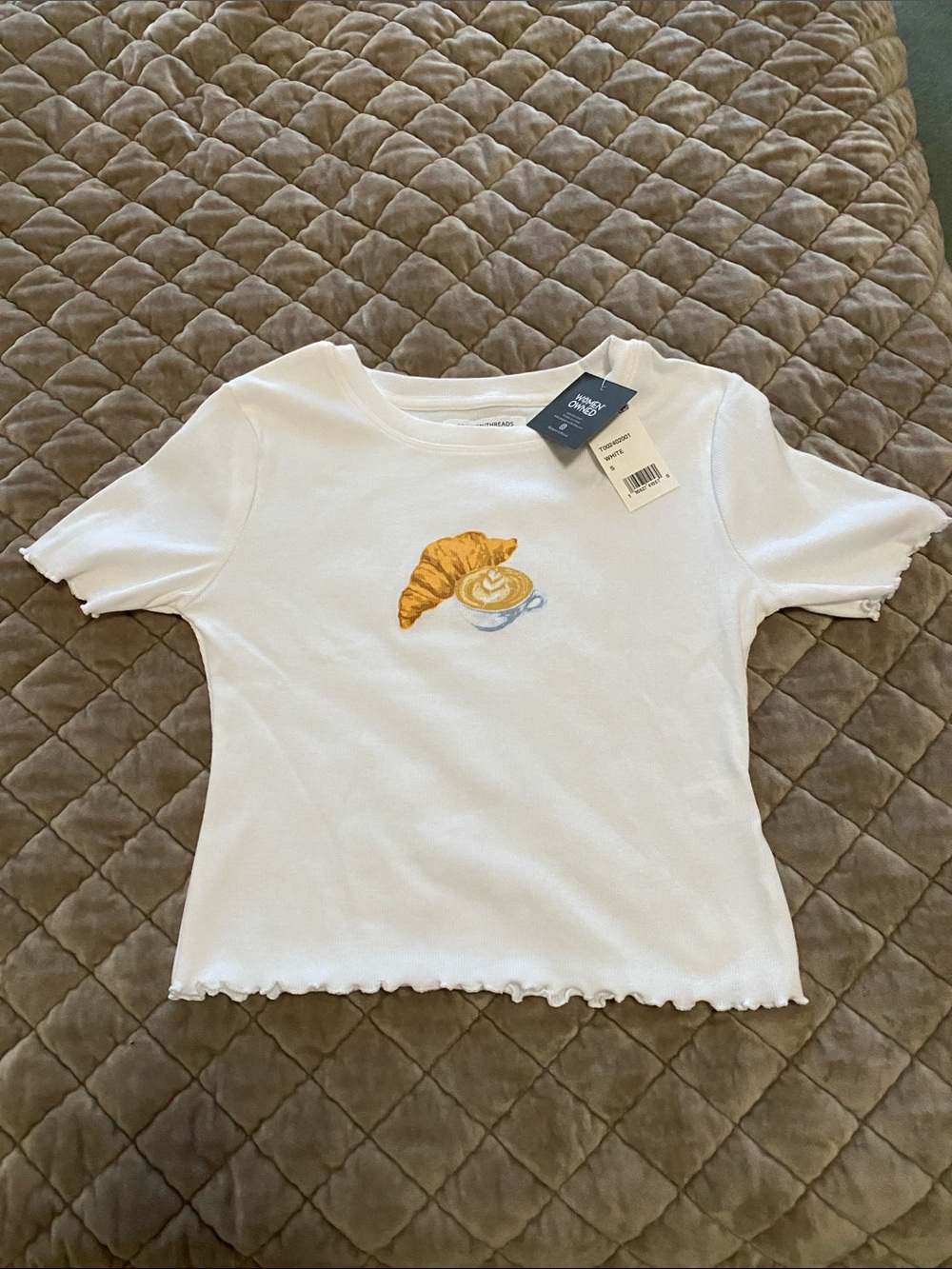 White Crop Top Tee with Croissant & Coffee Embroidery